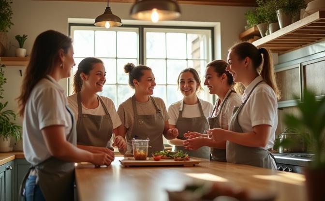 The Hearthstone Kitchens team sharing a light-hearted moment in a sunlit Bristol kitchen